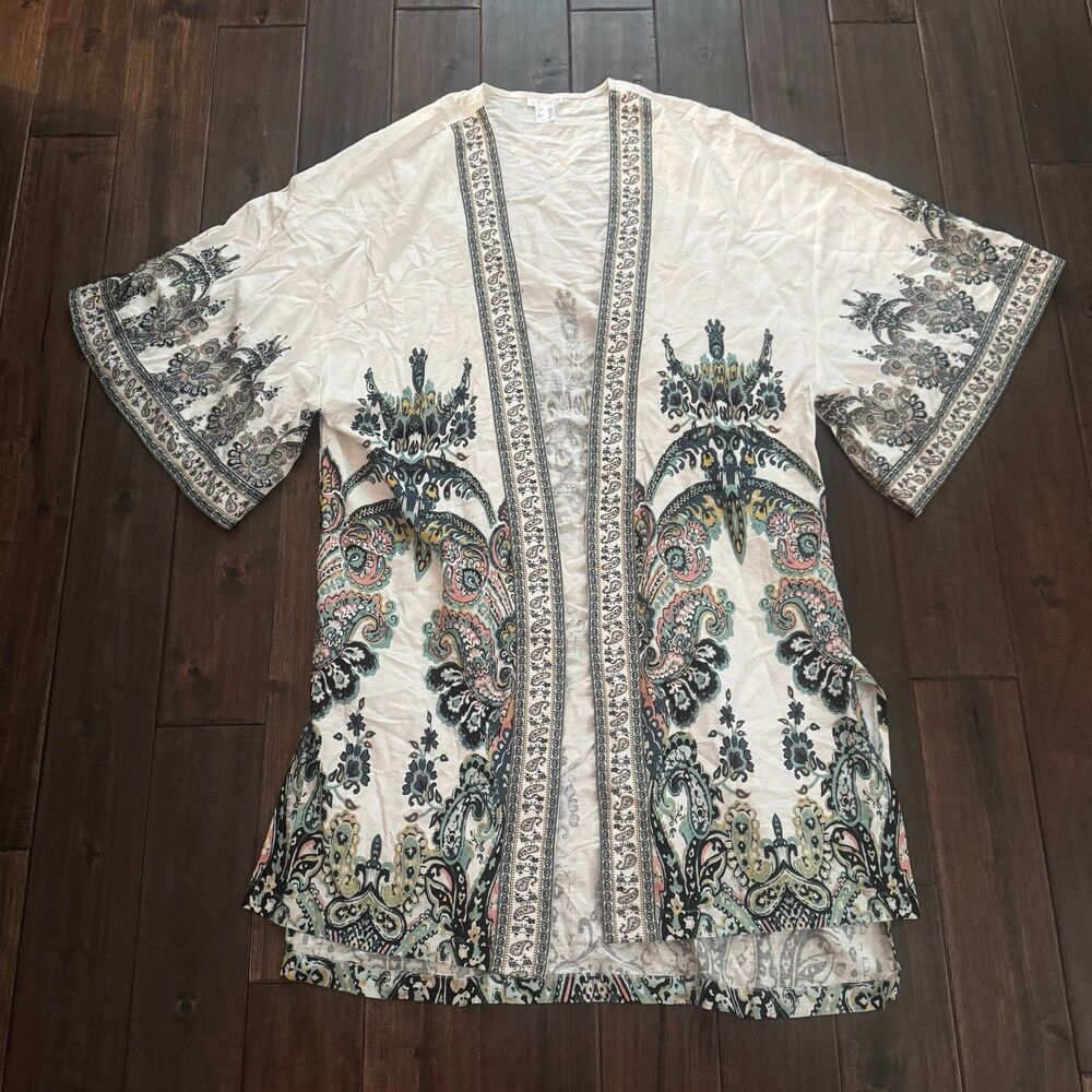 Venus Boho White Multicolor Short Sleeve Open Kimono with Paisley Print XL